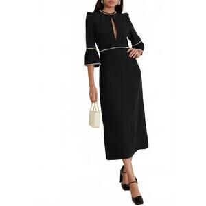NEW ANDREW GN faux pearl-embellished crepe midi dress in black